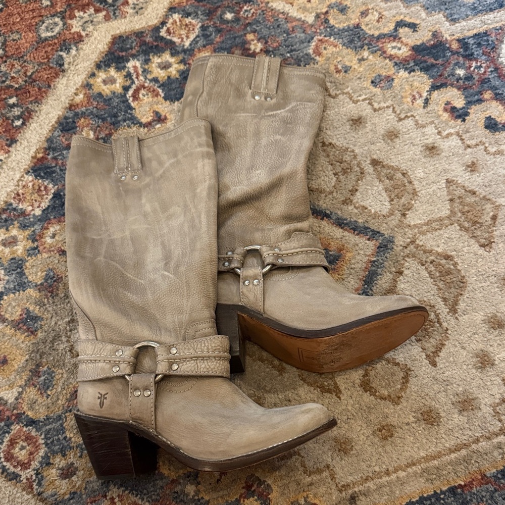 FRYE Taupe Leather Mid-Calf Western Boots